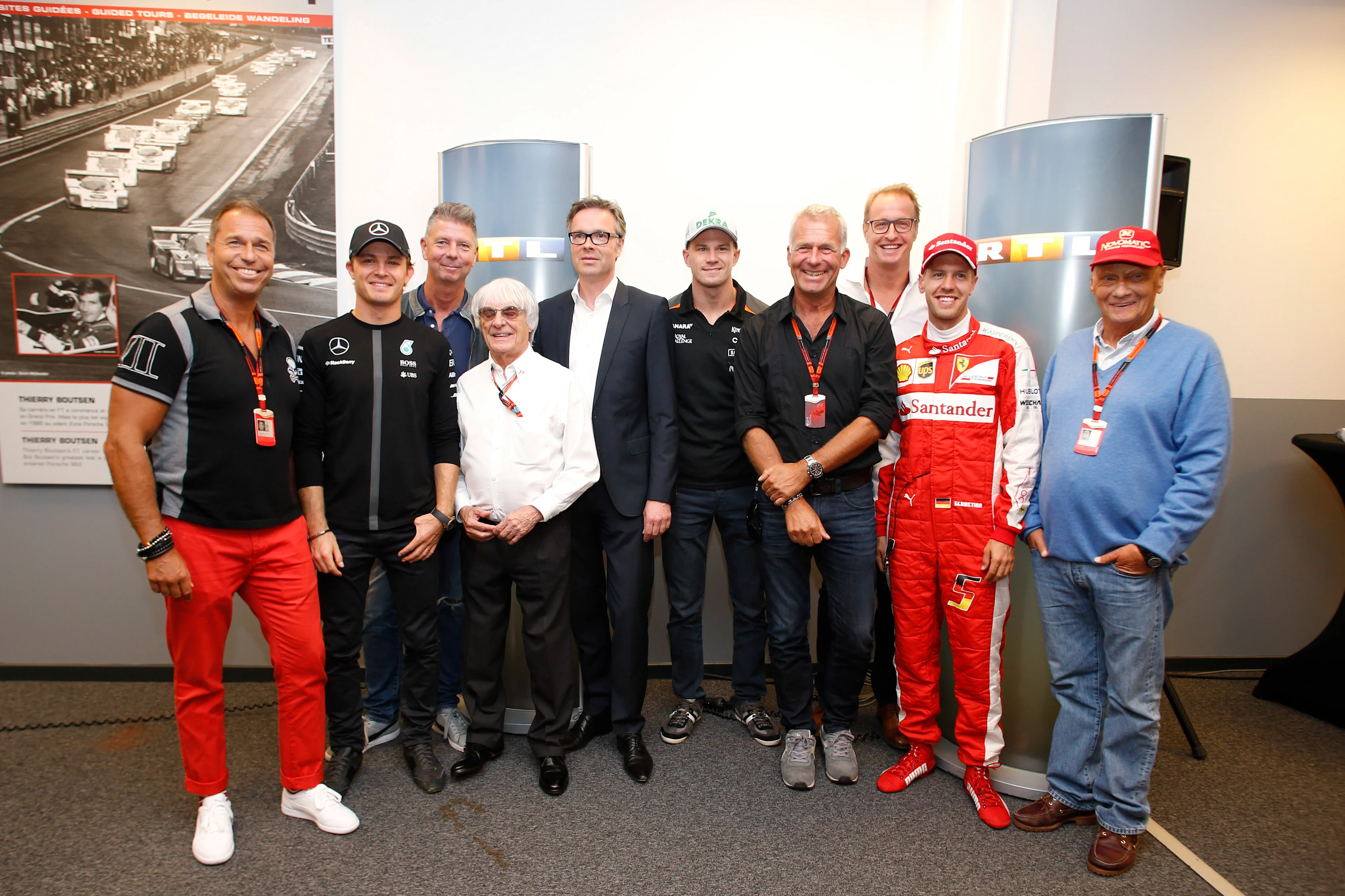 Spa-Francorchamps, Spa, Belgium. Friday 21 August 2015. Bernie Ecclestone, CEO and President, FOM, and German TV Channel RTL announce a new extension to their TV rights deal, with RTL reporters and pundits, and German drivers Nico Rosberg, Mercedes AMG, Nico Hulkenberg, Force India, and Sebastian Vettel, Ferrari, in attendance. &copy; Steven Tee/LAT Photographic